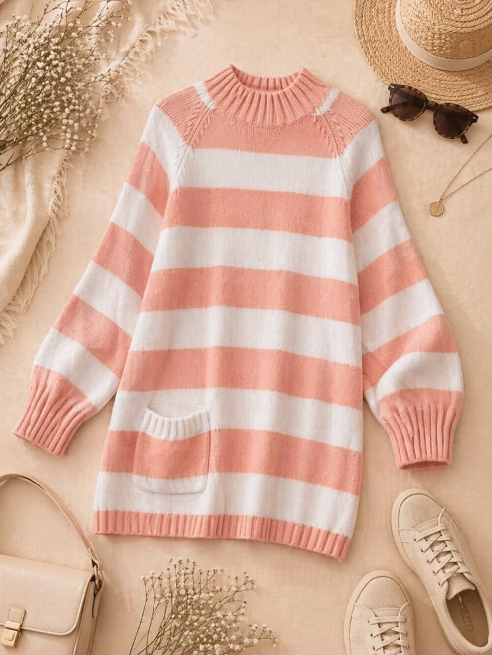 Vintage FAVORITES Peach Stripe Sweater Tunic Oversized Cozy Knit M